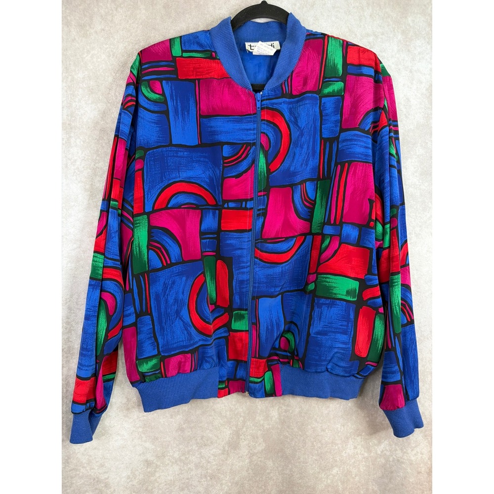 VTG‎ 90s Teddi Bomber Jacket Women Medium Multicolor Geometric Abstract Zip Up